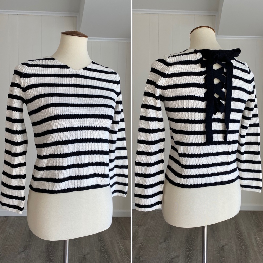 LOFT Chunky Knit Lace-up Stripe Sweater BlackWhite
